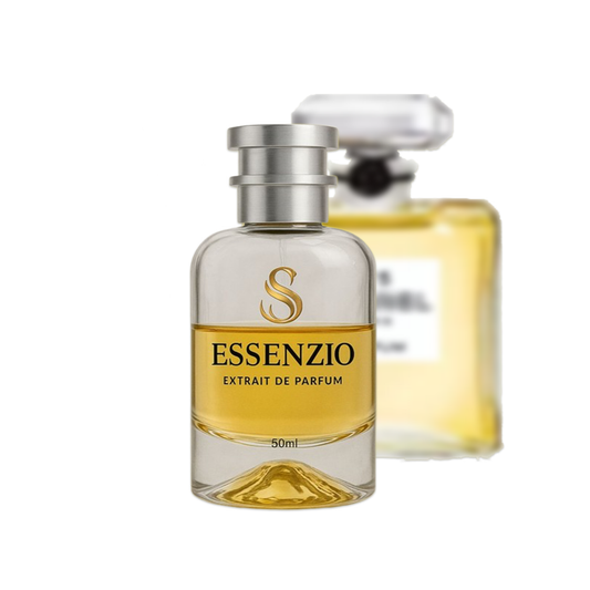 Essenzio Extrait de Parfum – 50 ml Parfümflasche mit silbernem Sprühkopf und goldfarbener Flüssigkeit.