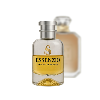 Essenzio Extrait de Parfum – 50 ml Parfümflasche mit silbernem Sprühkopf und goldfarbener Flüssigkeit.