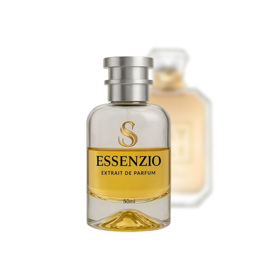 Essenzio Extrait de Parfum – 50 ml Parfümflasche mit silbernem Sprühkopf und goldfarbener Flüssigkeit.