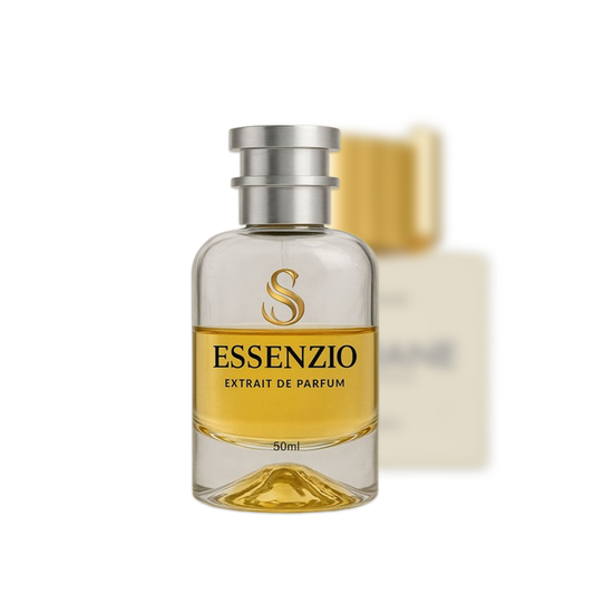 Essenzio Extrait de Parfum – 50 ml Parfümflasche mit silbernem Sprühkopf und goldfarbener Flüssigkeit.