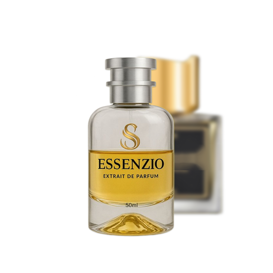 Essenzio Extrait de Parfum – 50 ml Parfümflasche mit silbernem Sprühkopf und goldfarbener Flüssigkeit.