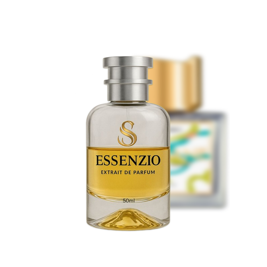 Essenzio Extrait de Parfum – 50 ml Parfümflasche mit silbernem Sprühkopf und goldfarbener Flüssigkeit.