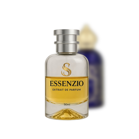 Essenzio Extrait de Parfum – 50 ml Parfümflasche mit silbernem Sprühkopf und goldfarbener Flüssigkeit.