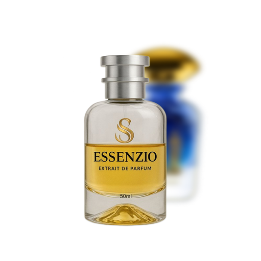 Essenzio Extrait de Parfum – 50 ml Parfümflasche mit silbernem Sprühkopf und goldfarbener Flüssigkeit.