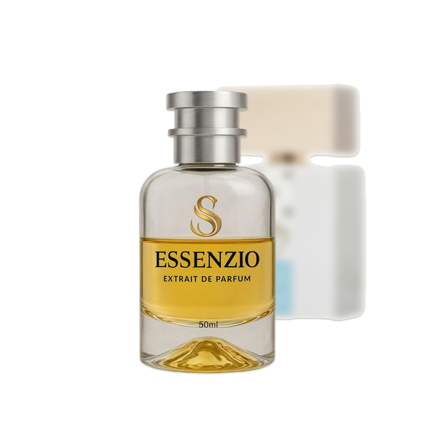 Essenzio Extrait de Parfum – 50 ml Parfümflasche mit silbernem Sprühkopf und goldfarbener Flüssigkeit.