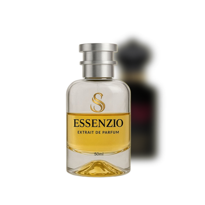 Essenzio Extrait de Parfum – 50 ml Parfümflasche mit silbernem Sprühkopf und goldfarbener Flüssigkeit.