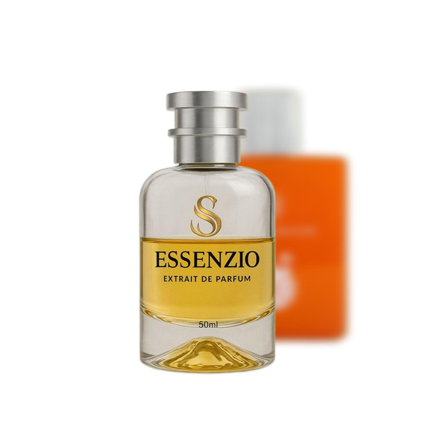 Essenzio Extrait de Parfum – 50 ml Parfümflasche mit silbernem Sprühkopf und goldfarbener Flüssigkeit.