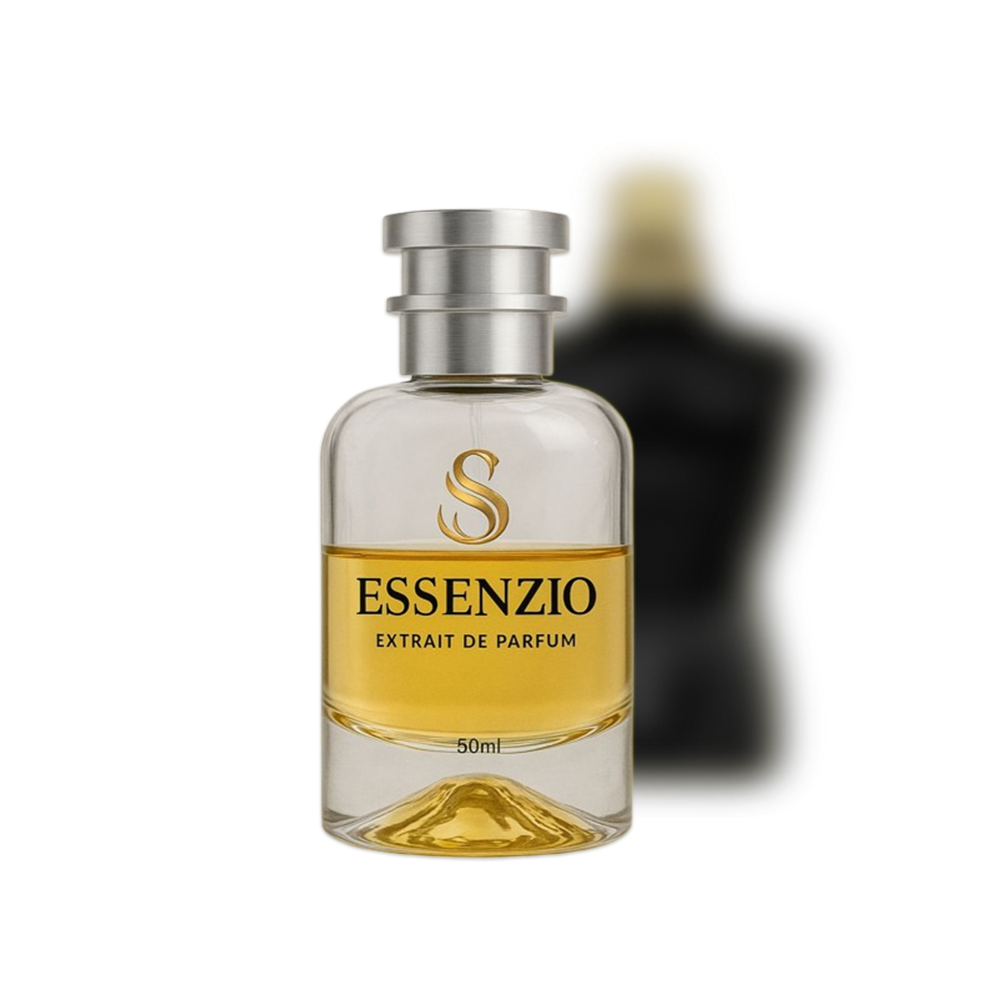 Essenzio Extrait de Parfum – 50 ml Parfümflasche mit silbernem Sprühkopf und goldfarbener Flüssigkeit.