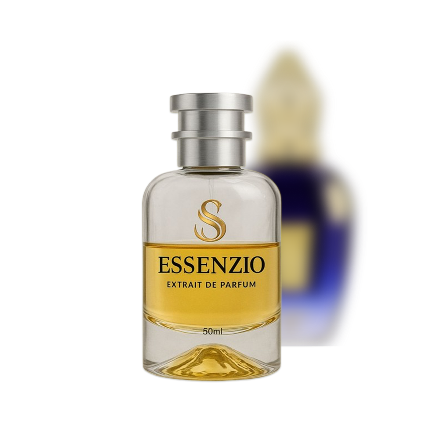 Essenzio Extrait de Parfum – 50 ml Parfümflasche mit silbernem Sprühkopf und goldfarbener Flüssigkeit.