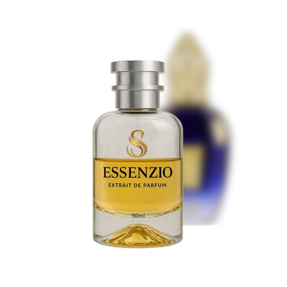 Essenzio Extrait de Parfum – 50 ml Parfümflasche mit silbernem Sprühkopf und goldfarbener Flüssigkeit.