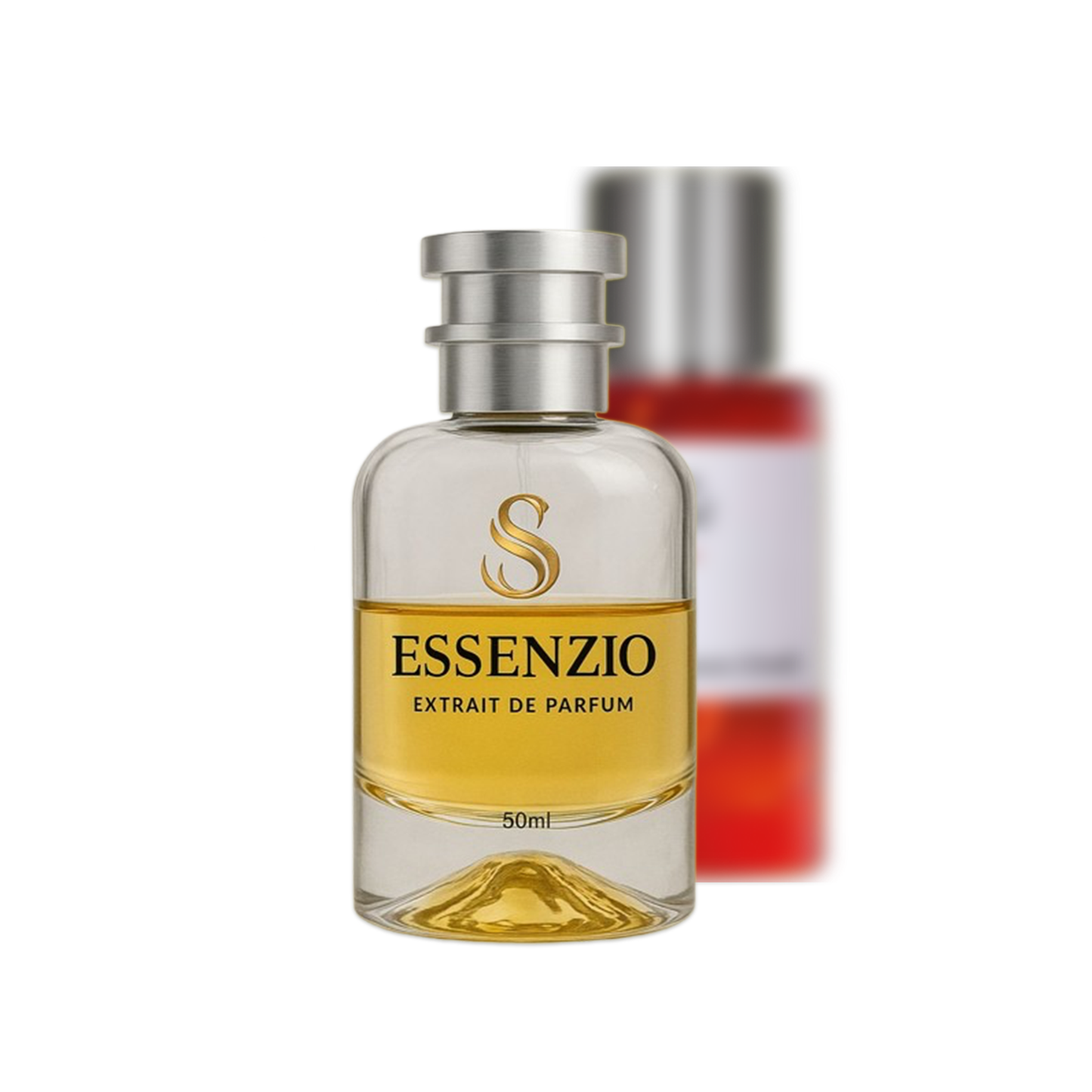 Essenzio Extrait de Parfum – 50 ml Parfümflasche mit silbernem Sprühkopf und goldfarbener Flüssigkeit.