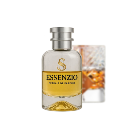 Essenzio Extrait de Parfum – 50 ml Parfümflasche mit silbernem Sprühkopf und goldfarbener Flüssigkeit.