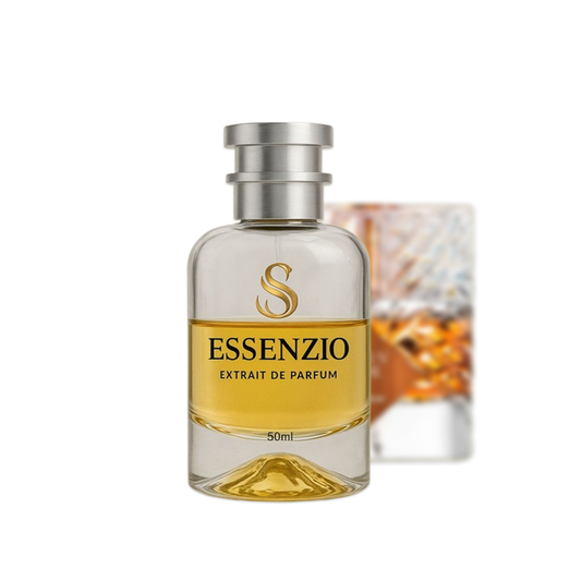 Essenzio Extrait de Parfum – 50 ml Parfümflasche mit silbernem Sprühkopf und goldfarbener Flüssigkeit.